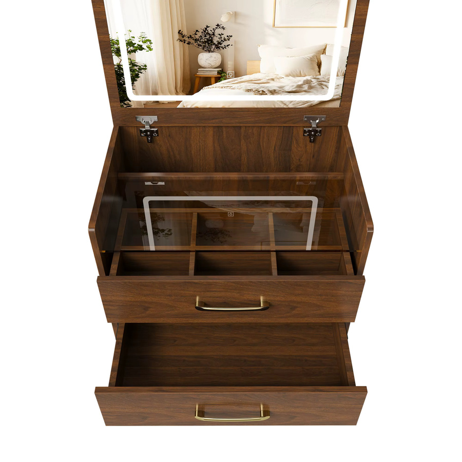 Svintora 3-in-1 Schminktisch Set in Walnuss mit aufklappbarem Spiegel, Glasplatte, 3 Schubladen und Hocker, Breite: 60 cm - Bild 3