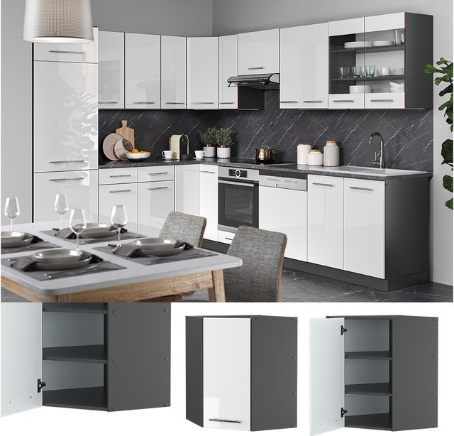 Vicco Eckhängeschrank Fame-Line Küchenschrank Weiß Hochglanz Anthrazit mit Soft-Close-Türen und Regalböden Breite: 57 cm, Tiefe: 24,12 cm, Höhe: 52 cm - Bild 1