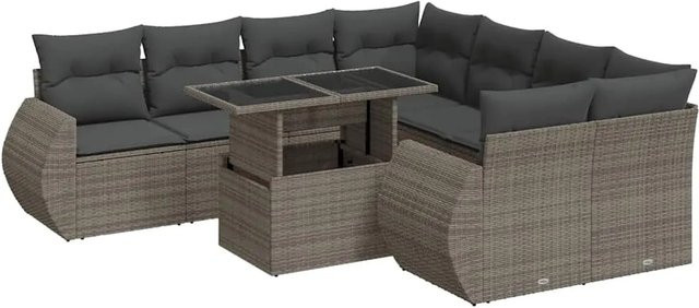 vidaXL 9-tlg. Garten-Sofagarnitur in L-Form aus grauem Poly-Rattan mit Kissen und pulverbeschichtetem Stahlgestell - Bild 1