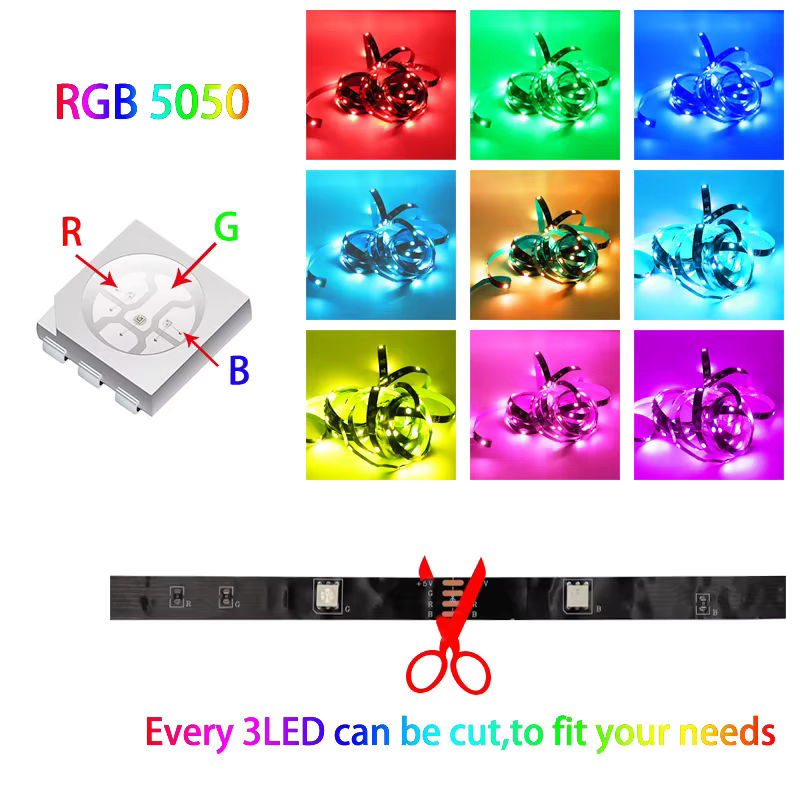 FEICAN RGB LED-Streifen 5050 mit 3 Tasten und USB-Anschluss für TV-Hintergrundbeleuchtung, Multicolour, abschneidbar - Bild 5
