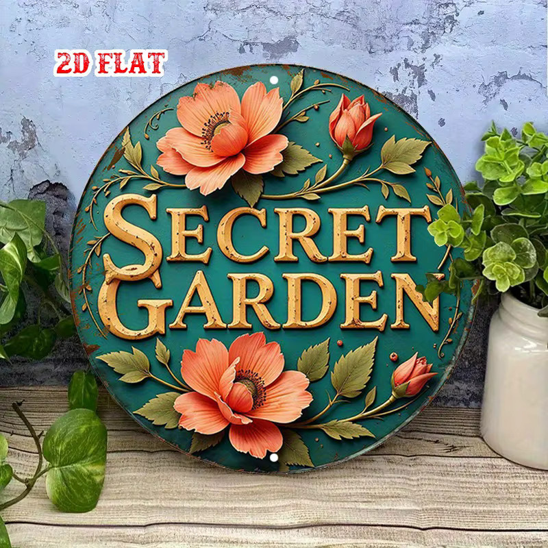 Potdemiel Secret Garden Rundes Aluminiumschild mit floralem Design in Orange und Grün, Rustikale Vintage-Metallwandkunst - Bild 3