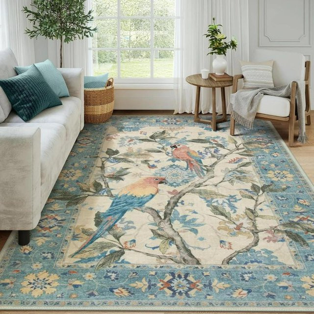 Orientalischer Teppich mit Blumen- und Vogelmotiven, Mehrfarbig, B/T: 80 x 120 cm - Bild 1