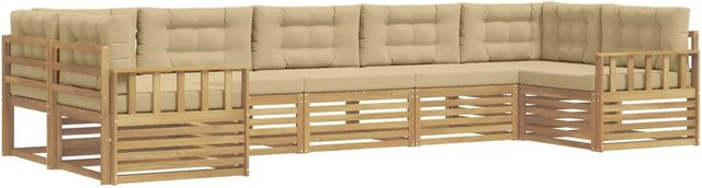 vidaXL Outdoor-Sofagarnitur aus Akazienholz in L-Form, 7-teilig mit Kissen, Weiß und Beige - Bild 1