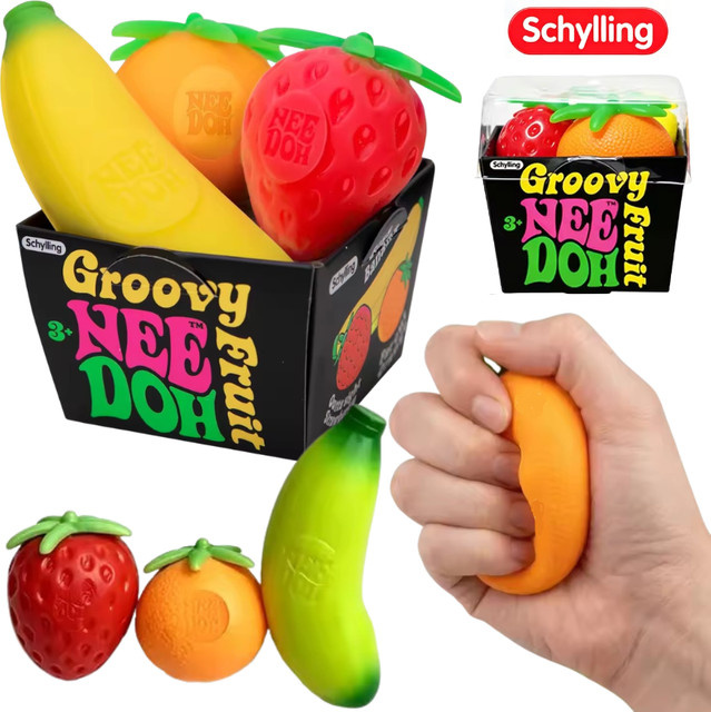 Schylling Nee Doh Groovy Fruit Squishy, Banane Orange Erdbeere, TPR Spielzeug - Bild 1