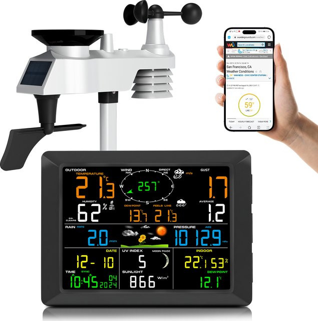 Urageuxy 14-in-1 WLAN-Wetterstation mit 8,3-Zoll-Display und Solarsensor für Echtzeit-Wetterdaten und Wolkenüberwachung - Bild 1