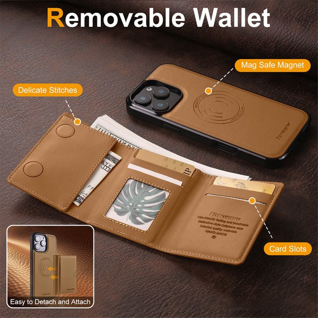 EUCAGR 2-in-1 Magnetische Kabellose Ladehülle aus PU-Leder für iPhone Modelle in Schwarz und Braun - Bild 1