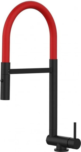 VIZIO Küchenarmatur für Vorfenster mit 360 Grad schwenkbarem Auslauf und abnehmbarer 2-Strahl Handbrause, Schwarz Matt und Rot - Bild 1