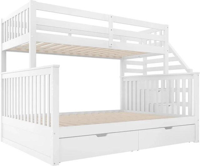 KOMHTOM Etagenbett für Kinder in Weiß mit Schubladen und Stauraum aus Kiefernholz, MDF und Sperrholz, B/T/H: 140 x 200 x 150 cm - Bild 1