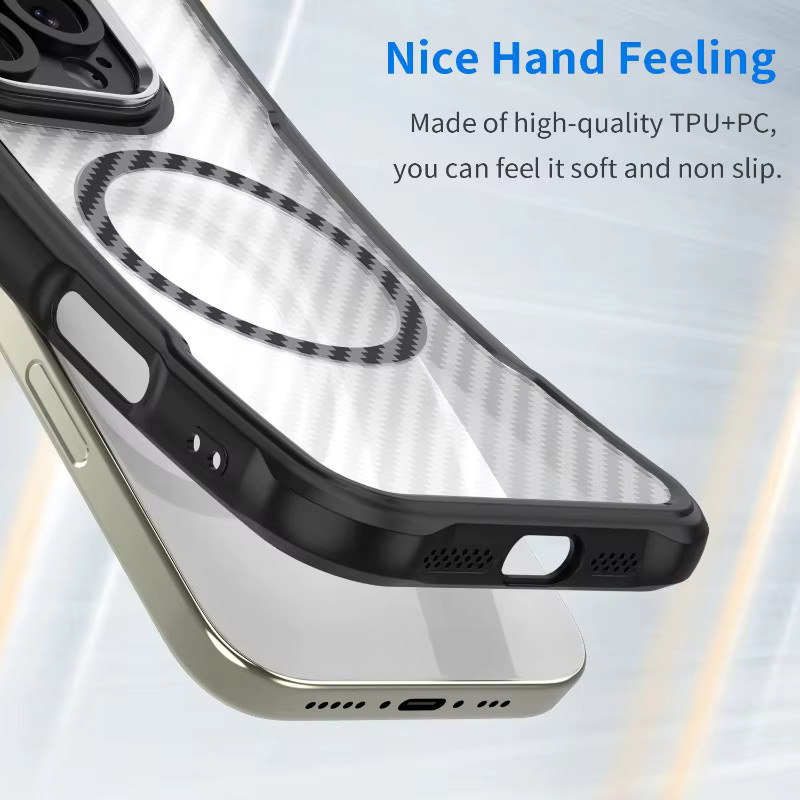 Magnetische iPhone Hülle mit Kohlefaser-Textur in Transparent oder Blau, Anti-Fall Schutzhülle aus TPU und PC für Apple iPhone 17 Air 16E 15 14 Plus 13 12 11 Pro Max - Bild 4