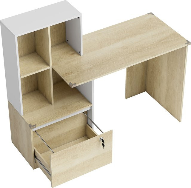 HOMCOM Computer-Schreibtisch mit Regal und abschließbarer Hängeregister-Schublade, Eiche und Weiß, B/T/H: 126 x 50 x 109 cm - Bild 1