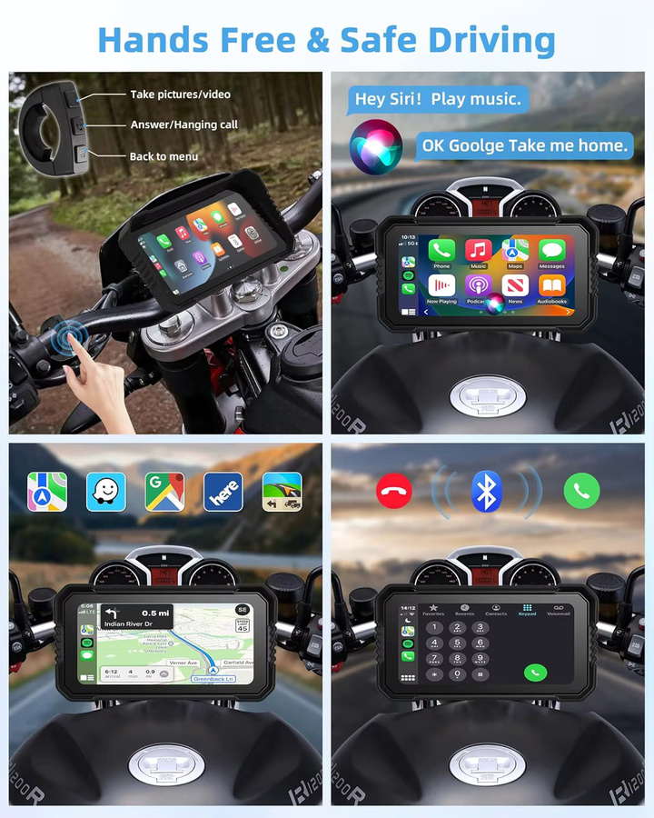 JMCQ Tragbares IPX7 Wasserdichtes Motorrad GPS Navigationssystem mit Dual Kamera DVR und Carplay Bildschirm in Schwarz - Bild 3