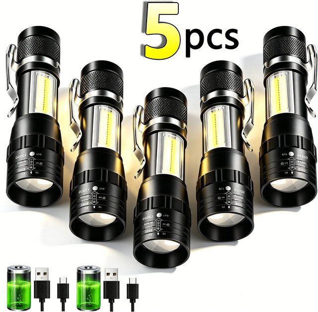 Heinast Mini Tragbare Taschenlampe mit COB und XPE LED, USB Aufladbar, Schwarz, Zoombare LED Taschenlampe für Outdoor, Camping und Angeln - Bild 1