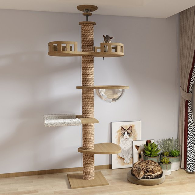 HGTUGO Höhenverstellbarer Katzenbaum in Braun und Beige mit drehbarer Hängematte und Kratzmatte - Bild 1