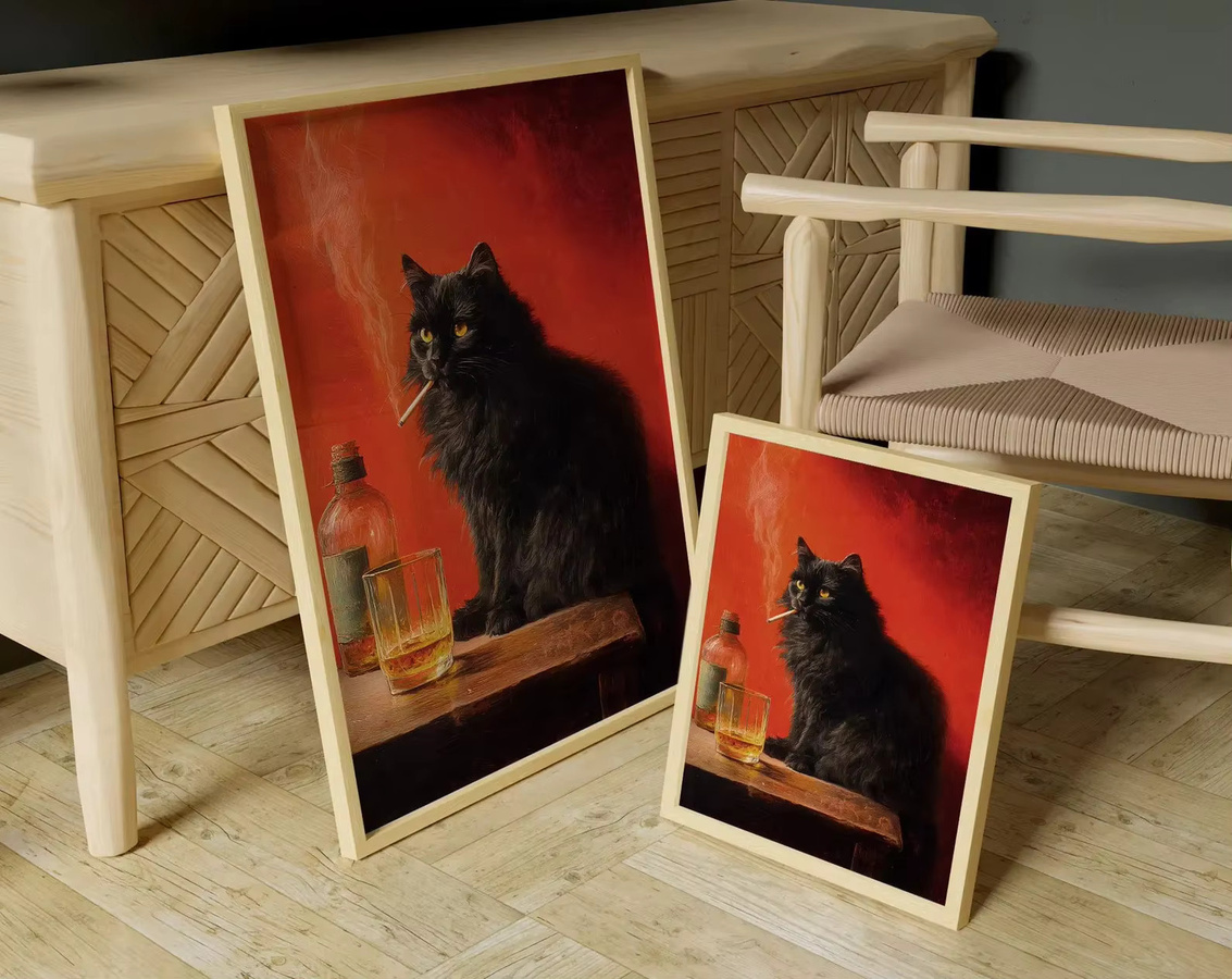 Vintage Poster mit schwarzer Katze im Portrait-Stil von SHENCHEN als skurrile Wandkunst für deine Küche oder Bar - Bild 2