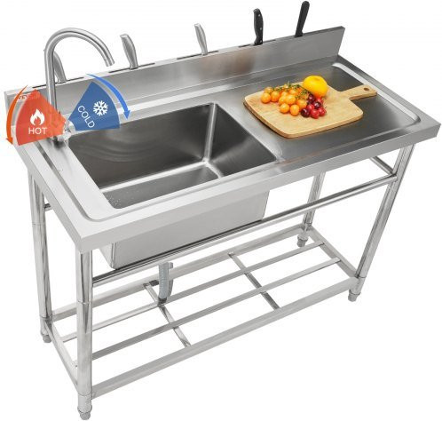 VEVOR Edelstahl Spülbecken mit Arbeitsplatte und Armatur, freistehendes einteiliges Spülbecken in Silber, B/T/H: 100,1 x 48,5 x 95 cm - Bild 1