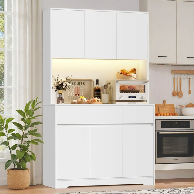 Getone Küchenschrank in Weiß mit LED-Beleuchtung und Steckdose, moderner Dressoir mit 6 Türen und 2 Schubladen, B/H/T: 180 x 100 x 38,5 cm - Bild 1
