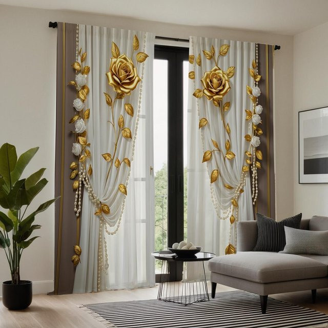 2er-Set dekorative Vorhänge mit Gold-Rosen-Print, Weiß, B: 132 cm, H: 160 cm - Bild 1