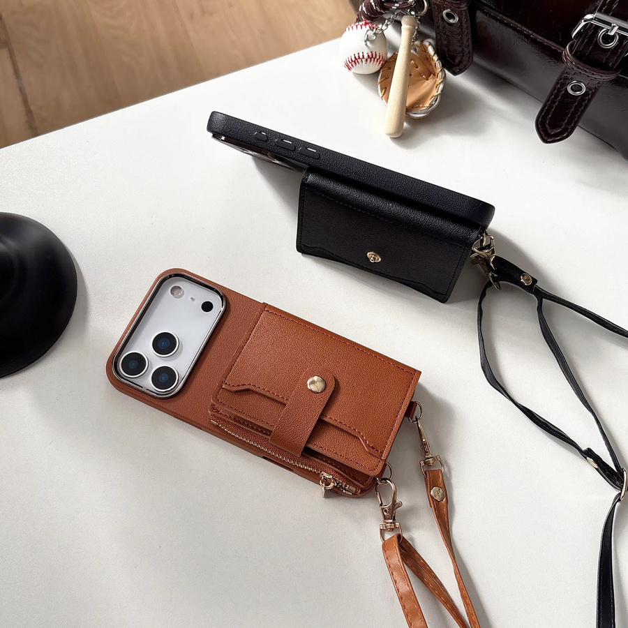 Crossbody Lanyard Wallet Strap Handyhülle für Apple iPhone Air 16 15 17 Pro Max 11 12 13 14 Plus mit Kartenfächern aus PU-Leder und Silikon in Schwarz - Bild 4