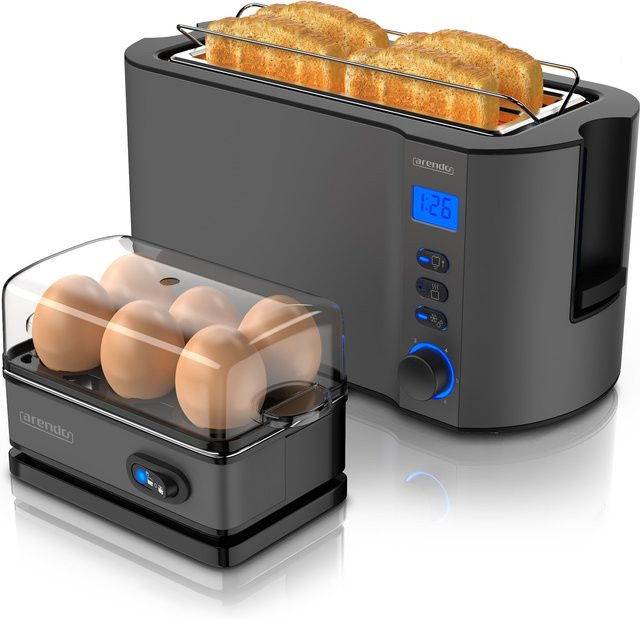 Arendo Frühstücks-Set in Grau bestehend aus einem SIXCOOK 6er Eierkocher und einem 4-Scheiben Langschlitztoaster aus Edelstahl und Kunststoff - Bild 1