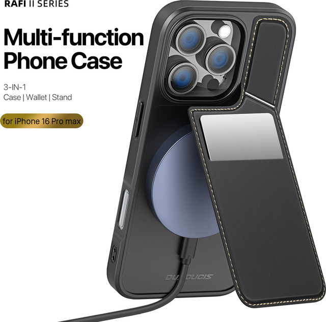 DUX DUCIS 3-in-1 Magnetische Hülle für iPhone 16 Pro Max, 15 Plus, 14, 13 mit Telefonständer und Brieftaschenfunktion in Schwarz - Bild 1