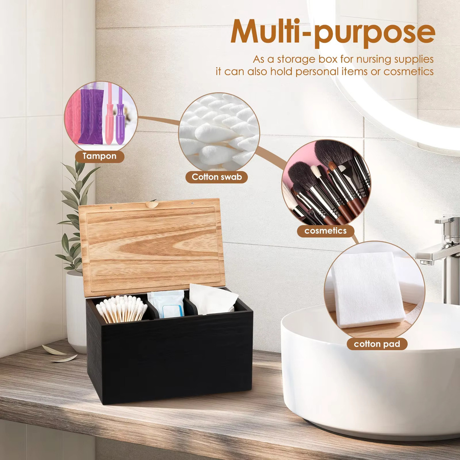 Willstar Holz-Tamponhalter mit Deckel und 2 herausnehmbaren Trennwänden als Damenhygiene-Organizer für Bad und Küche in Braun, Weiß oder Schwarz - Bild 3