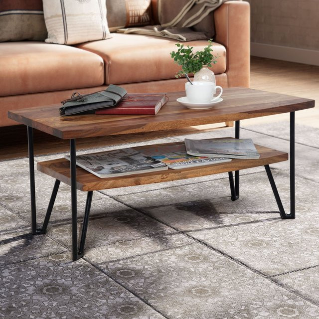 Couchtisch FineBuy aus Sheesham Massivholz in Braun mit Stauraum im Industrial-Style B/T/H: 90 x 50 x 40 cm - Bild 1