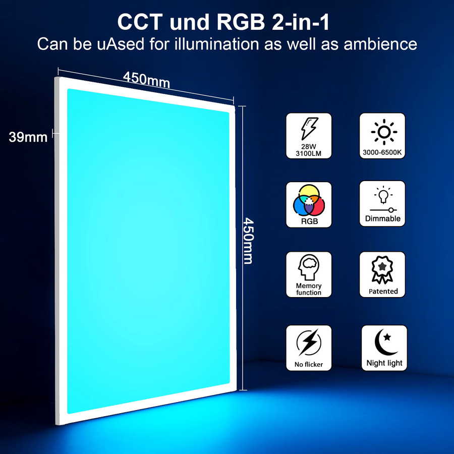 Oeegoo Quadratische LED-Deckenleuchte mit stufenloser Dimmung, Farbzyklus und Speicherfunktion, ultradünnes Flush-Mount Design - Bild 5