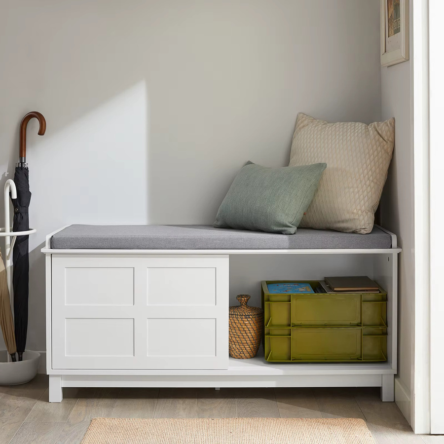 SoBuy FSR86-W Schuhbank mit gepolstertem Kissen und Stauraum in Weiß, B/T/H: 114 x 40 x 53 cm - Bild 2