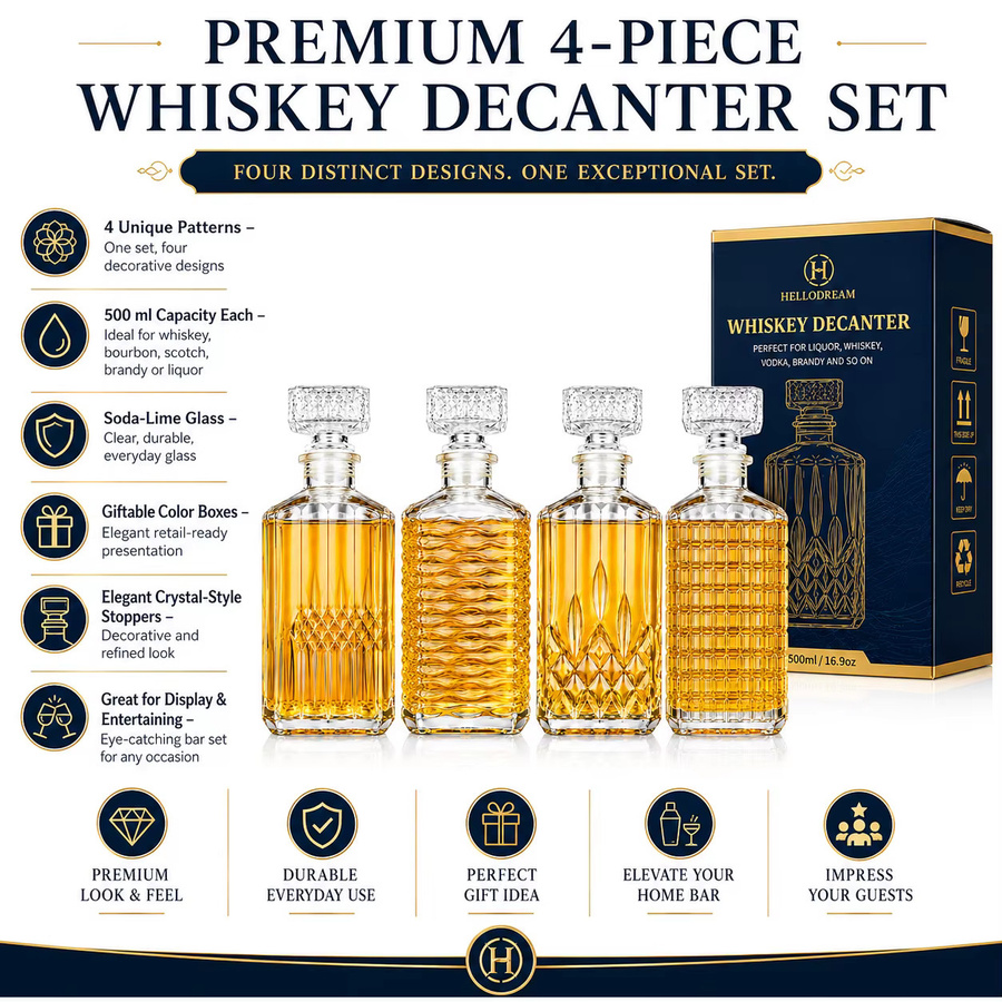 hellodream Whiskey-Dekanter-Set aus Glas mit 4 transparenten Flaschen im geometrischen Design, Füllmenge pro Flasche: 500 ml - Bild 4