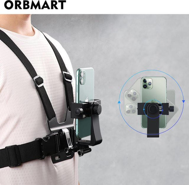 ORBMART Brustgurt-Halterung für Mobiltelefone und Action-Kameras wie GoPro Hero 11 10 9 8 sowie DJI Action, Schwarz, POV-Halterung für iPhone 14 - Bild 1