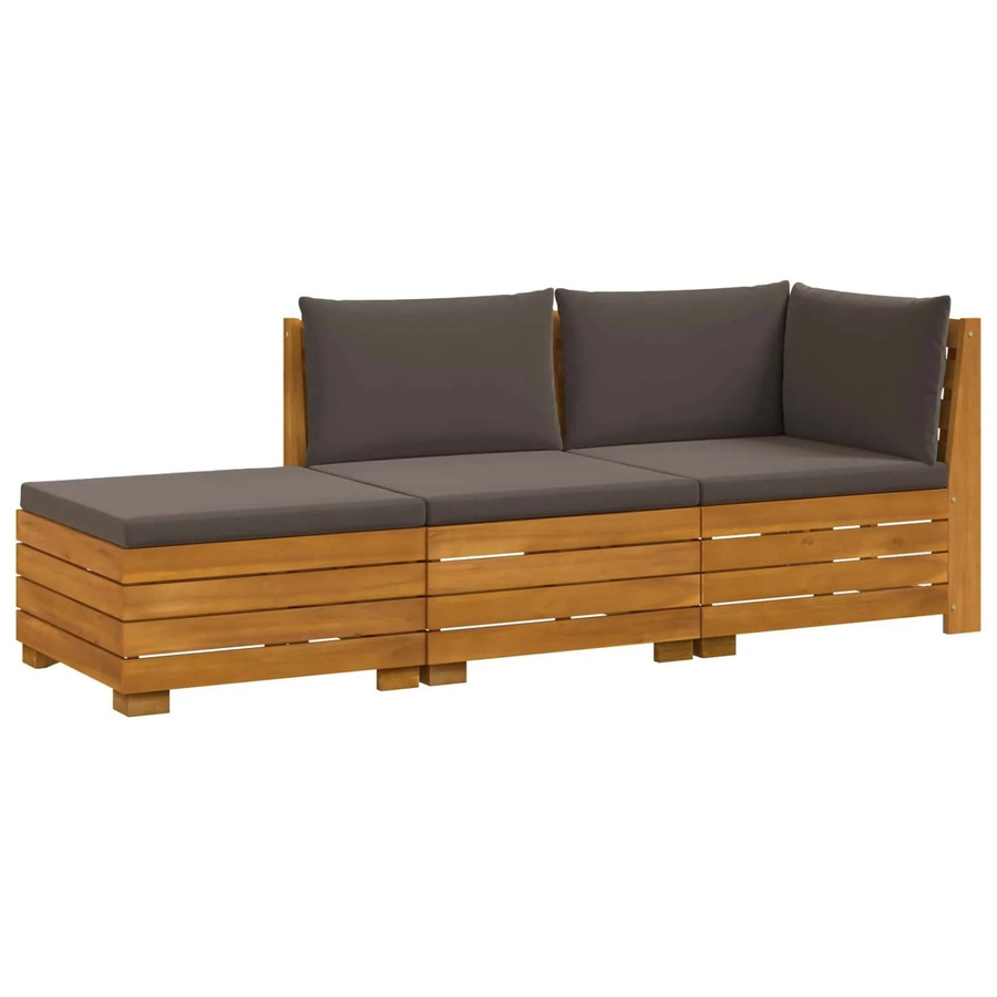 vidaXL Outdoor-Sofagarnitur aus Massivholz Akazie in Braun, 3-teiliges L-Shape Set mit Kissen und Hocker - Bild 2
