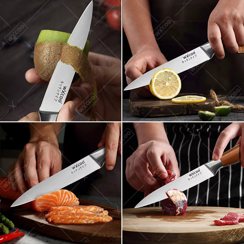 WXCOO Profi Küchenmesser-Set aus Edelstahl in Silber mit Holzdetails inklusive Schere, Schäler und Schneidebrett - Bild 5