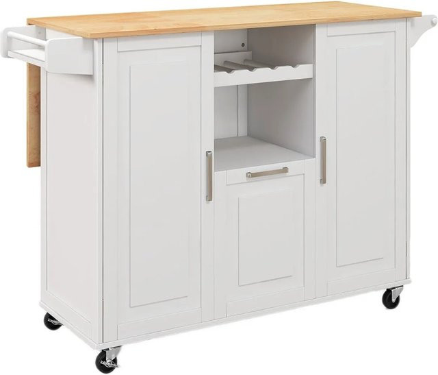 Costway Küchenwagen mit klappbarer Arbeitsplatte in Weiß mit Rollen, Regalfächern und Flaschenregal - Bild 1