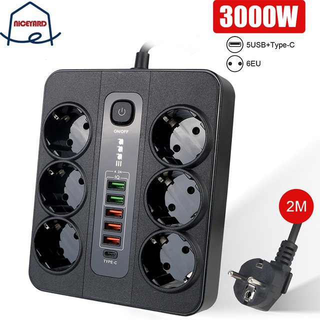 Steckdosenleiste mit USB Typ C und Sicherheitsschalter, 3000W Überlastschutz, Schwarz, Kabellänge: 2 m - Bild 1