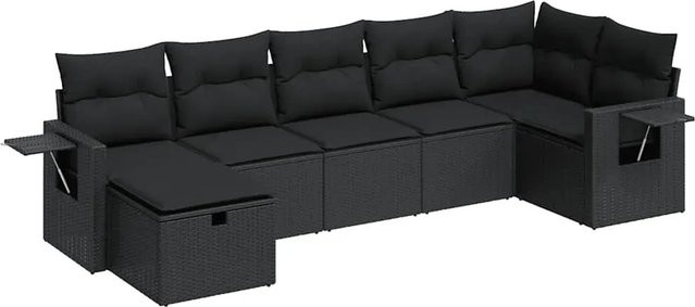 vidaXL 7-tlg. Garten-Sofagarnitur in L-Form aus schwarzem Poly-Rattan mit Kissen und pulverbeschichtetem Stahlgestell - Bild 1