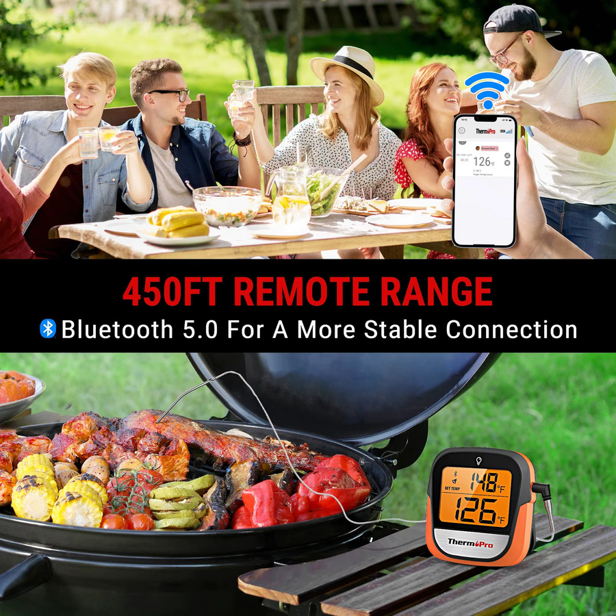 ThermoPro TP901 Bluetooth Digitalthermometer mit App-Steuerung für Grillen und Kochen, Orange - Bild 2