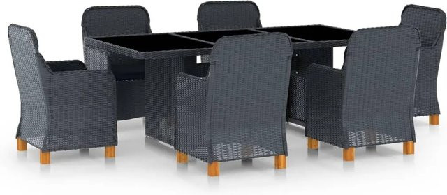 vidaXL 7-tlg Garten-Essgruppe aus Poly Rattan und Akazienholz in Dunkelgrau mit Hartglas-Tischplatte - Bild 1