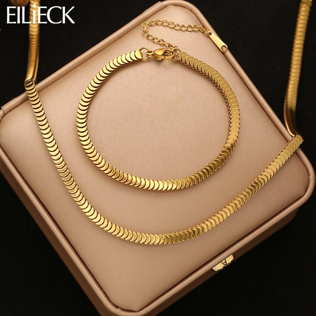 EILIECK Schmuckset, Schlangenkette und Armband, Edelstahl, goldene Metallstruktur, Damen - Bild 1