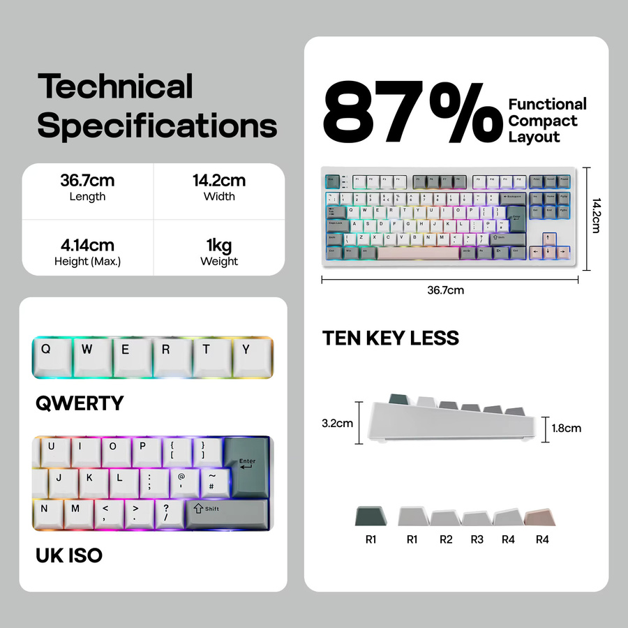 EPOMAKER TH87 TKL Mechanische Tastatur mit ISO-UK Layout, RGB-Beleuchtung und 10000mAh Akku, Kabellos via Bluetooth oder 2,4GHz sowie Kabelgebunden - Bild 3