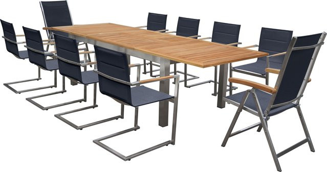 OUTFLEXX Garten-Essgruppe aus Teakholz und Edelstahl in Schwarz mit Ausziehtisch, 8 gepolsterten Stühlen und 2 Klappstühlen, B/T: 200 bis 300 x 100 cm - Bild 1