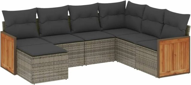 vidaXL 7-teilige Garten-Sofagarnitur in L-Form aus grauem Poly-Rattan mit wetterfesten Kissen und pulverbeschichtetem Stahlgestell - Bild 1