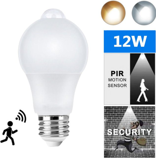 Szaoju LED-Glühbirne mit PIR-Bewegungsmelder, 12 W, E27, Warmweiß, Weiß - Bild 1