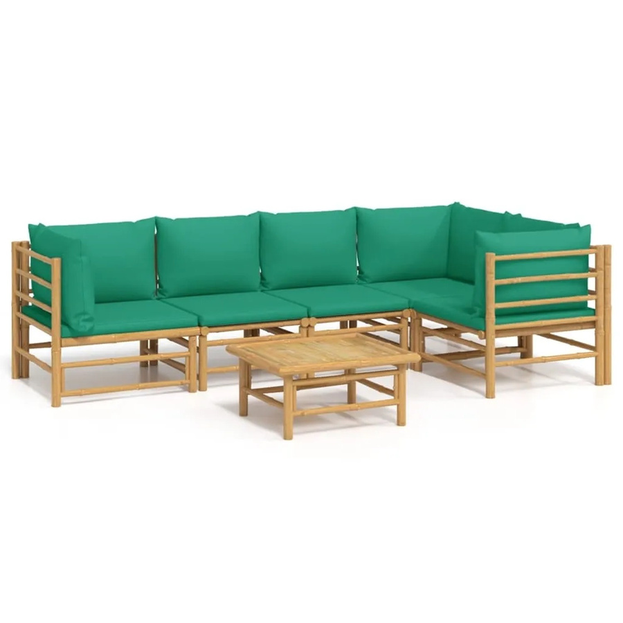 vidaXL 6-tlg Garten-Lounge-Set aus Bambus mit grünen Polstern und Tisch in L-Form - Bild 2