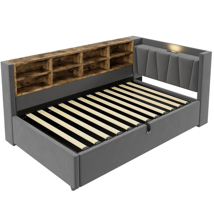 Merax Schlafsofa aus Samt mit USB-C Ladestation und Bettablage, Dunkelgrau, B/T/H: 90 x 200 cm - Bild 2