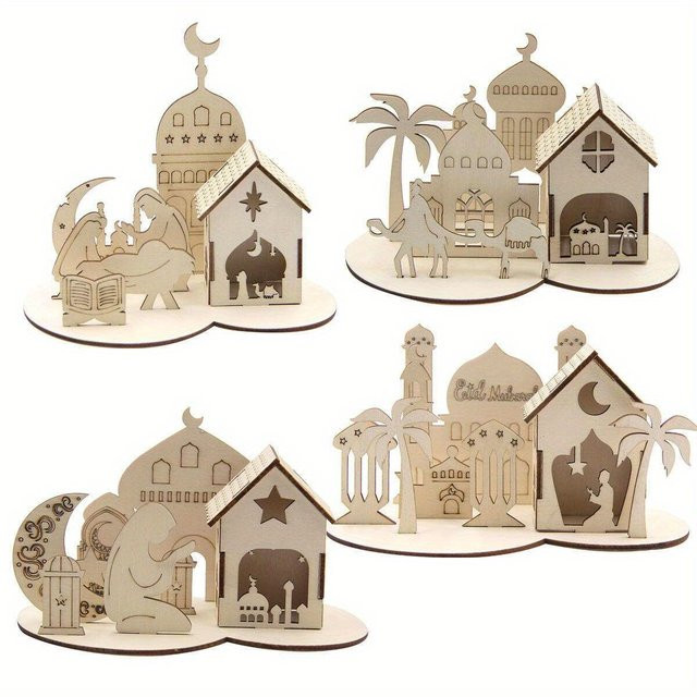 Tissy Holz Ornamente für Ramadan und Eid Al-Fitr, Beige, Tischdekoration Set mit Mondsichel, Stern und Tempel - Bild 1