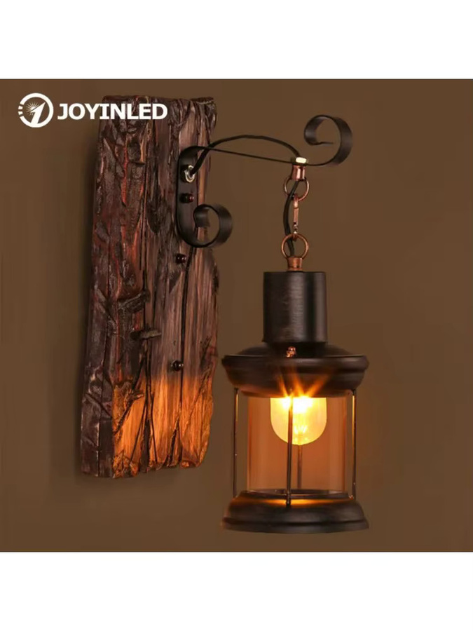 JOYINLED Vintage Wandleuchte im Industrie-Design aus Holz und Glas in Schwarz mit transparentem Glas für Garten, Restaurant und Schlafzimmer - Bild 4