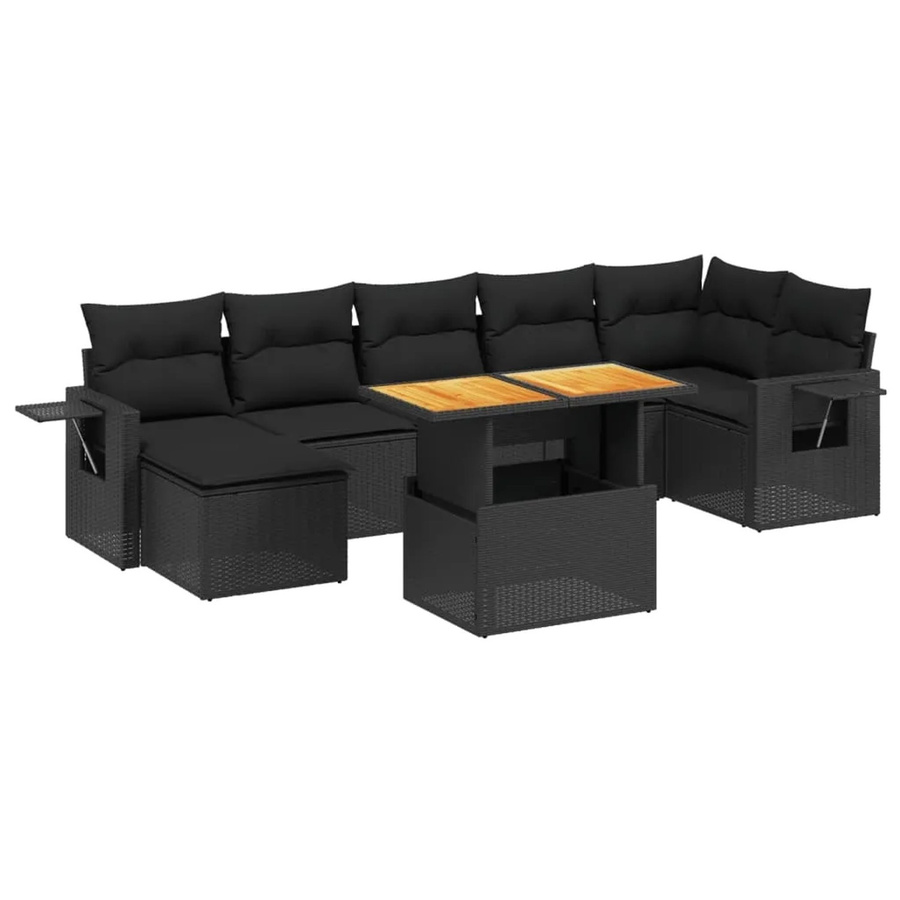 vidaXL 8-teilige Garten-Sofagarnitur in L-Form aus Polyrattan und Akazienholz mit Kissen, Schwarz - Bild 2