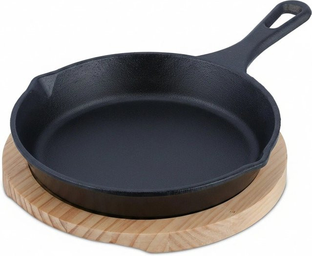 Relaxdays Steakpfanne aus Gusseisen mit Holzuntersetzer, Anthrazit, Induktionsgeeignet, B: 33 cm, T: 21,5 cm, H: 5 cm - Bild 1