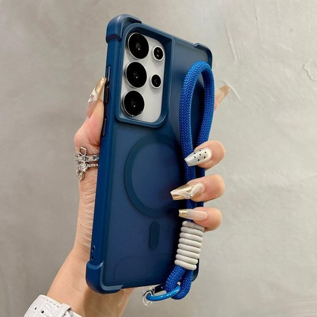 Magnetische Schutzhülle für Samsung Galaxy S23 S24 S25 S26 Ultra Plus mit Airbag-Schutz und Lanyard Armband in Transparent und Blau - Bild 1