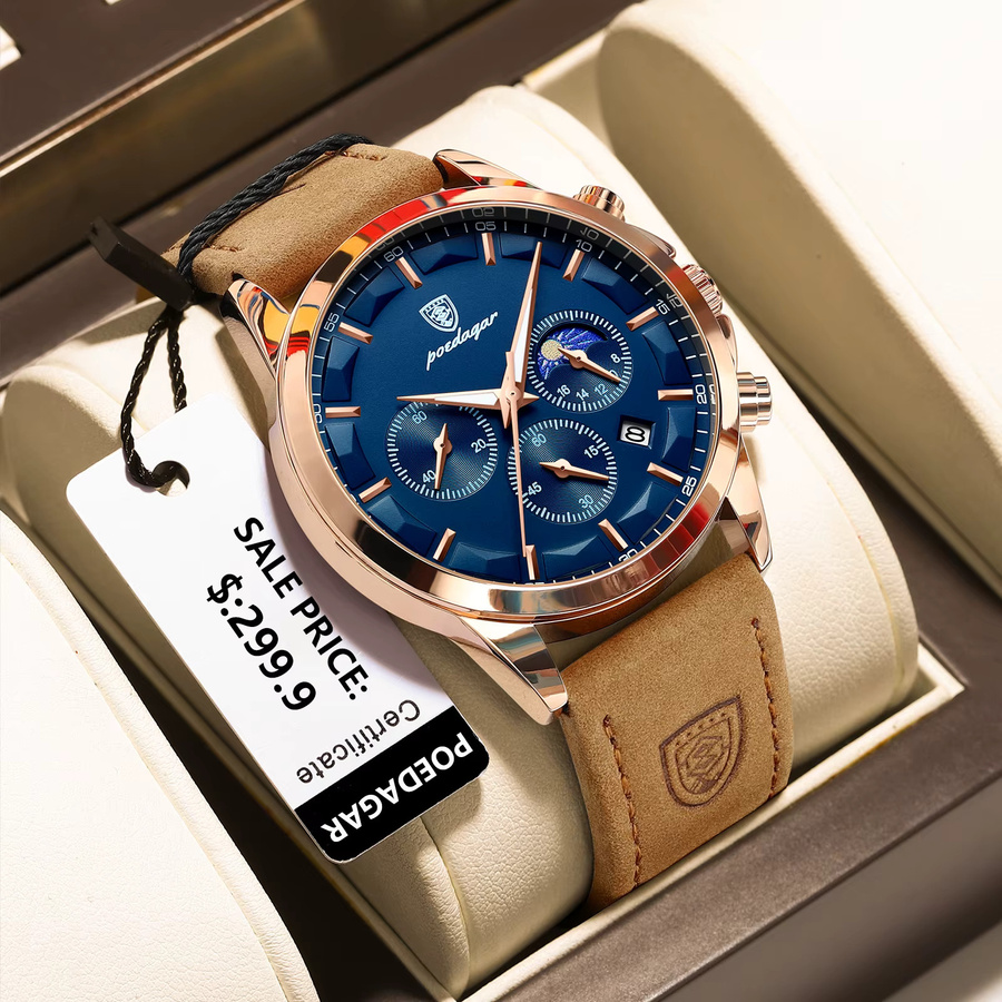 POEDAGAR Chronograph, Quarz, Leder, Blau, Herren - Bild 2